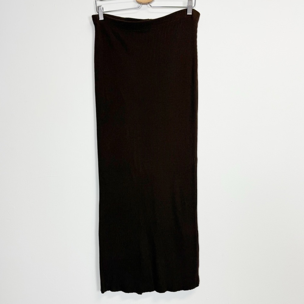 Lew Magram Skirt Womens Medium 8 /10 Brown Ribbed Stretch Maxi Back Slit Pull On